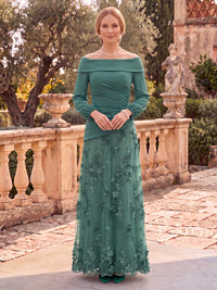 Tulle Mother of the Bride/Groom Dresses A Line Off the Shoulder Long Sleeves 3D Flowers
