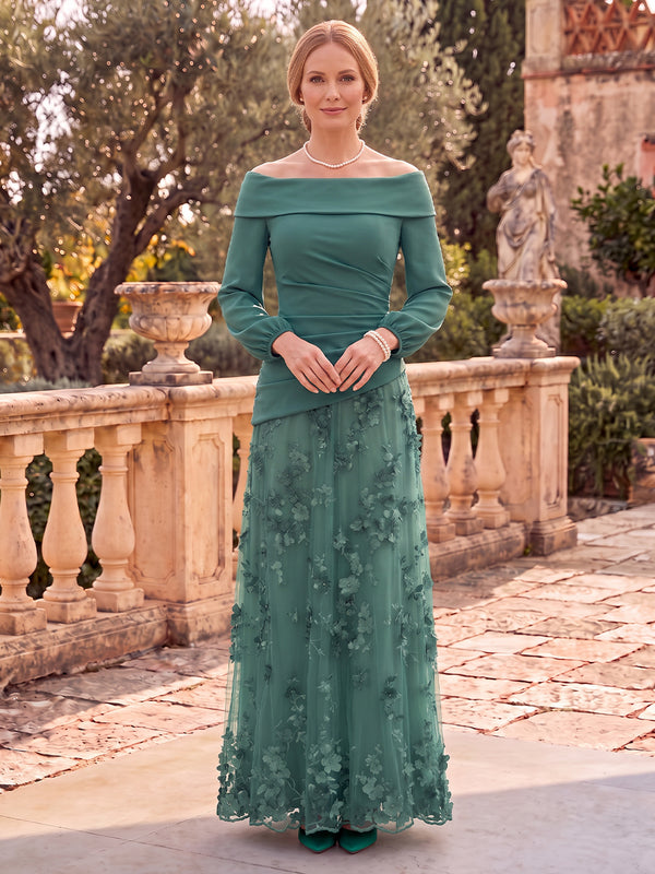 Tulle Mother of the Bride/Groom Dresses A Line Off the Shoulder Long Sleeves 3D Flowers
