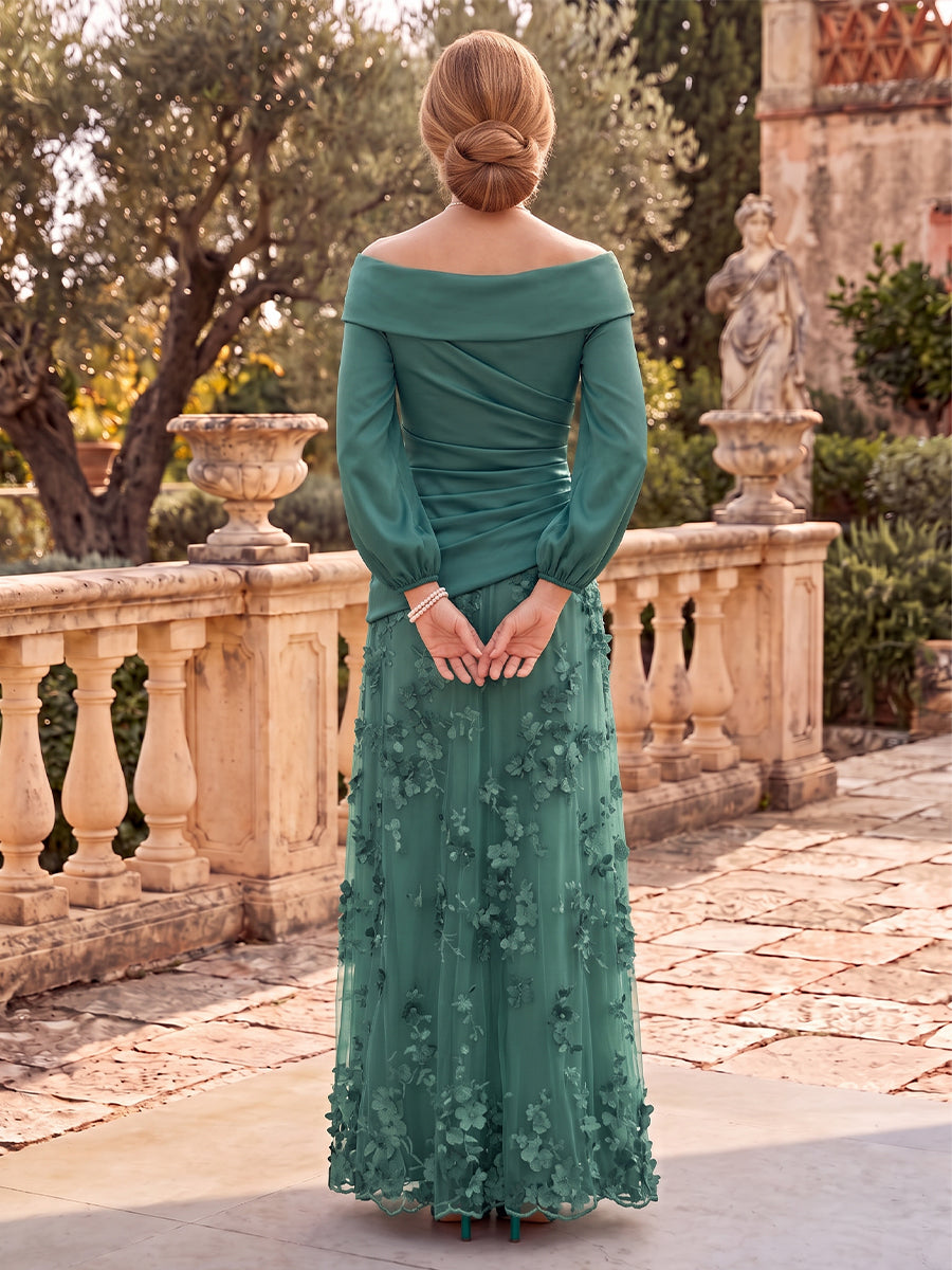 Tulle Mother of the Bride/Groom Dresses A Line Off the Shoulder Long Sleeves 3D Flowers