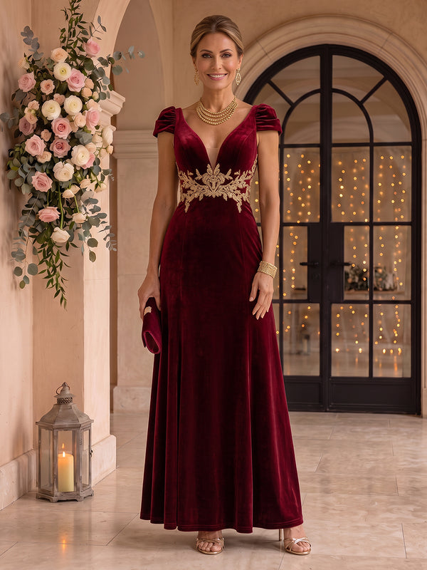 Velvet Mother of the Bride/Groom Dresses A Line V Neck Cap Sleeves