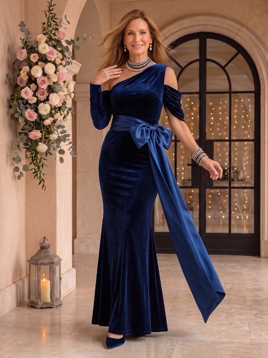 Velvet Mother of the Bride/Groom Dresses Mermaid One Shoulder Long Sleeves with Bow