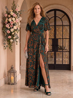 Floral Velvet Mother of the Bride/Groom Dresses A Line V Neck Short Sleeves with Slit