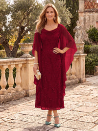 Sequin Mother of the Bride/Groom Dresses A Line Cowl Neck Cape Sleeves