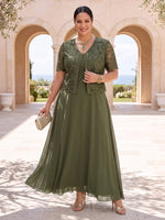 2 Pieces Sequin Plus Size Mother of the Bride Dresses A Line V Neck Short Sleeves with Jacket