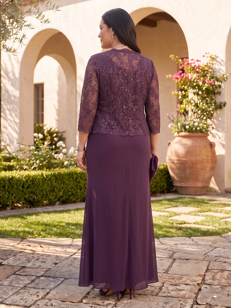 2 Pieces Sequin Plus Size Mother of the Bride/Groom Dresses A Line V Neck 3/4 Sleeves with Jacket