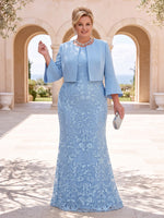 2 Pieces Lace Appliques Plus Size Mother of the Bride/Groom Dresses Mermaid/Sheath Scoop Neck 3/4 Sleeves with Jacket