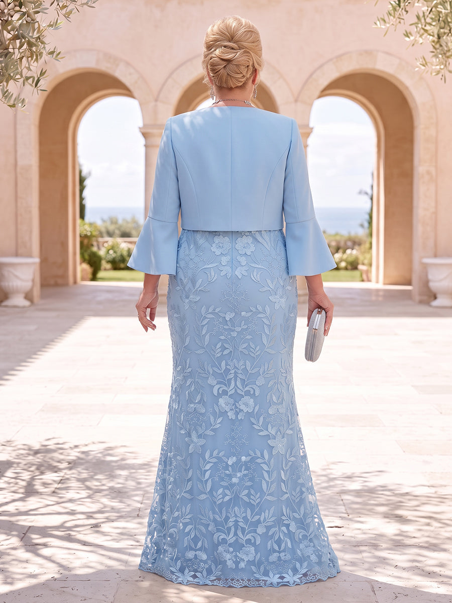 2 Pieces Lace Appliques Plus Size Mother of the Bride/Groom Dresses Mermaid/Sheath Scoop Neck 3/4 Sleeves with Jacket