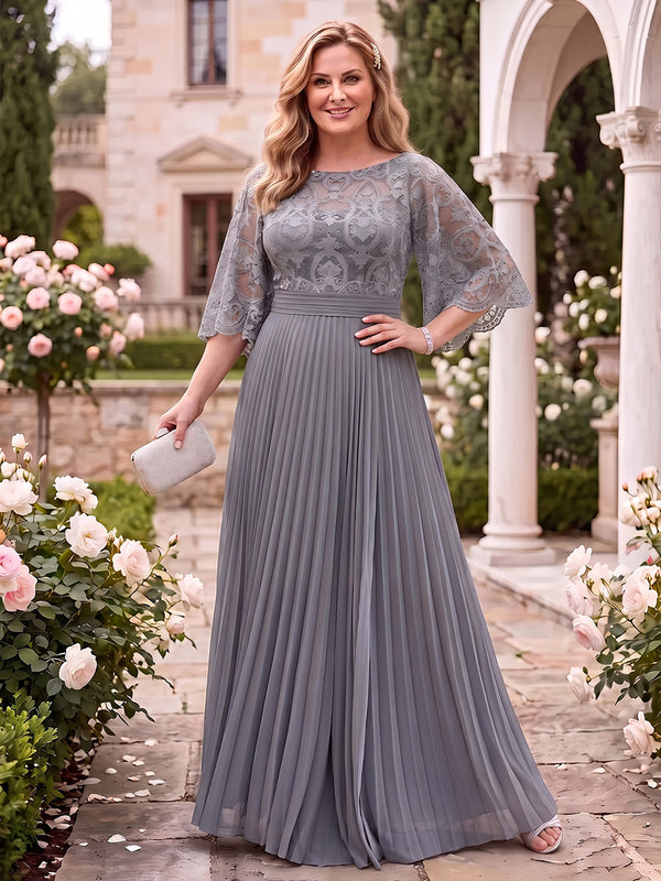 Pleated Lace Plus Size Mother of the Bride/Groom Dresses A Line Scoop Neck 3/4 Sleeves