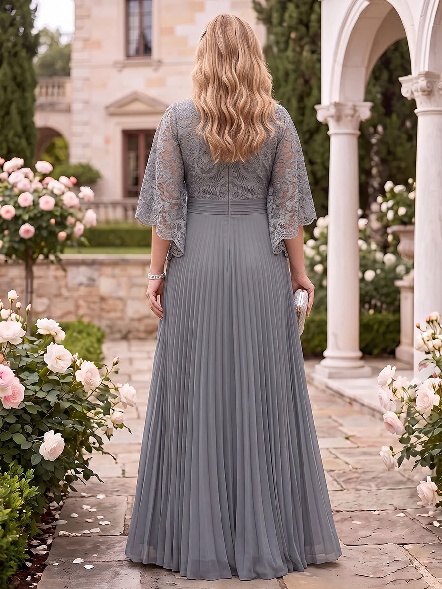Pleated Lace Plus Size Mother of the Bride/Groom Dresses A Line Scoop Neck 3/4 Sleeves