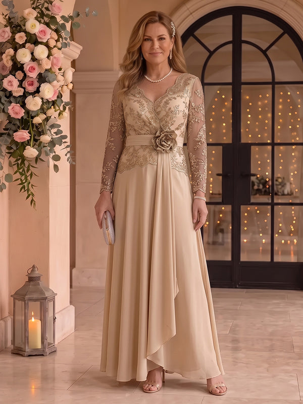 Lace Plus Size A Line Mother of the Bride/Groom Dresses V Neck Long Sleeves