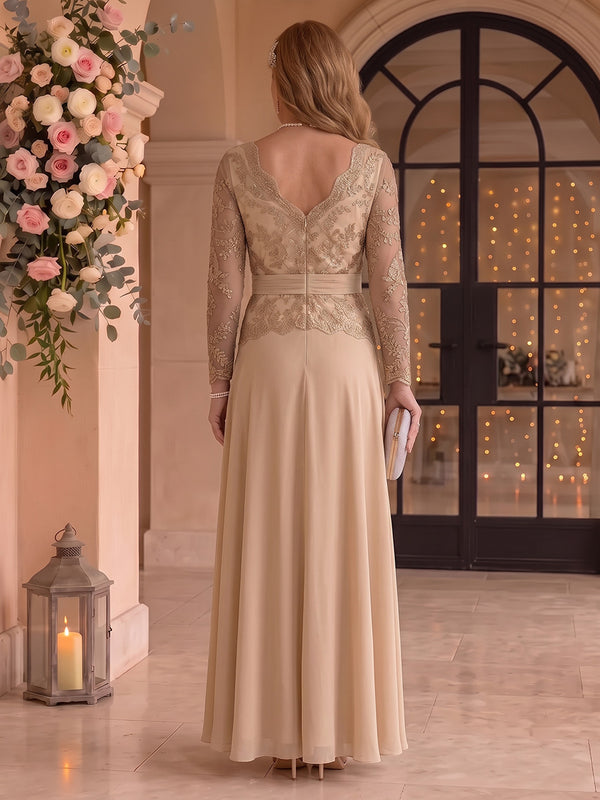 Lace Plus Size A Line Mother of the Bride/Groom Dresses V Neck Long Sleeves