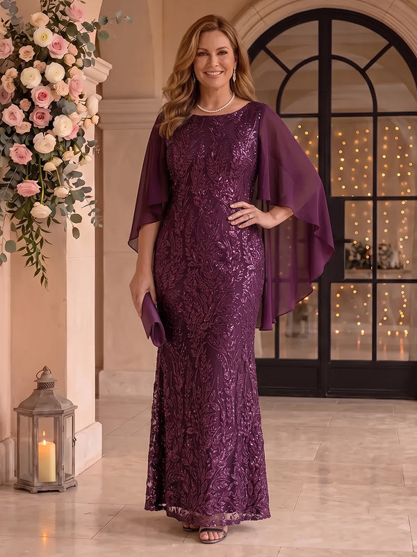 Sequin Plus Size Mermaid/Sheath Mother of the Bride/Groom Dresses Scoop Neck with Cape Sleeves