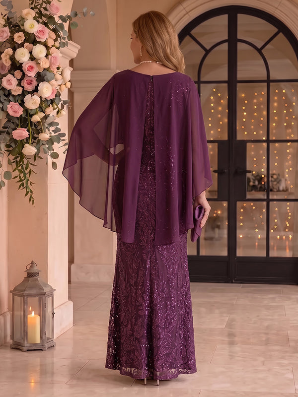 Sequin Plus Size Mermaid/Sheath Mother of the Bride/Groom Dresses Scoop Neck with Cape Sleeves