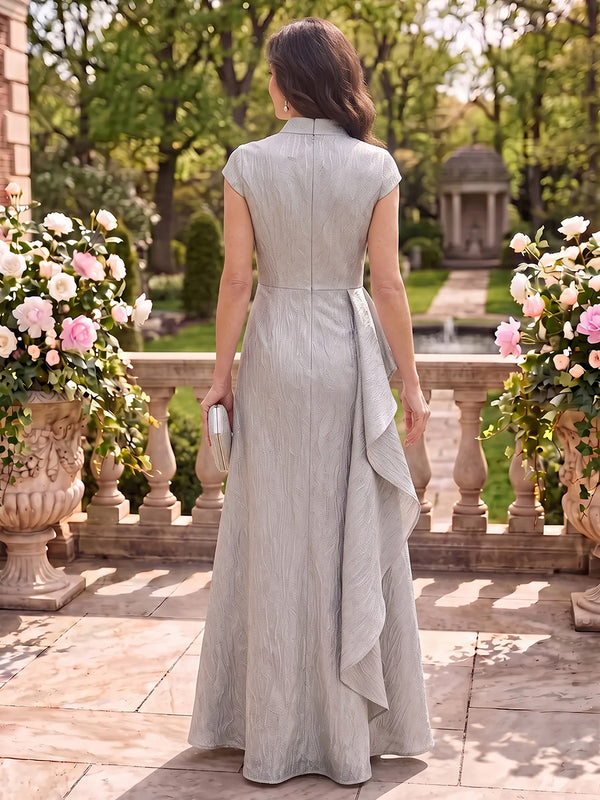 Jacquard Mother of the Bride/Groom Dresses A Line V Neck Cap Sleeves Floor Length