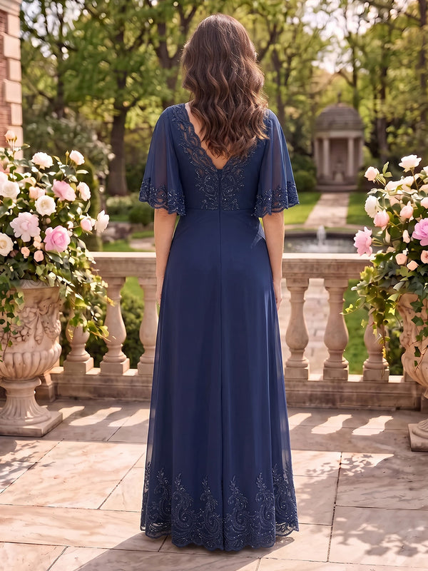 Chiffon Mother of the Bride/Groom Dresses A Line V Neck Short Sleeves Floor Length