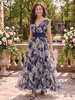 Floral Mother of the Bride/Groom Dresses Cap Sleeves A Line V Neck Floor Length