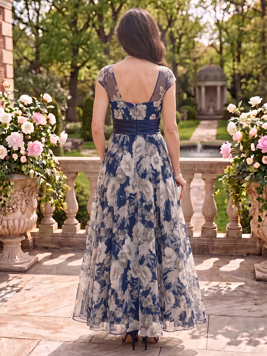 Floral Mother of the Bride/Groom Dresses Cap Sleeves A Line V Neck Floor Length