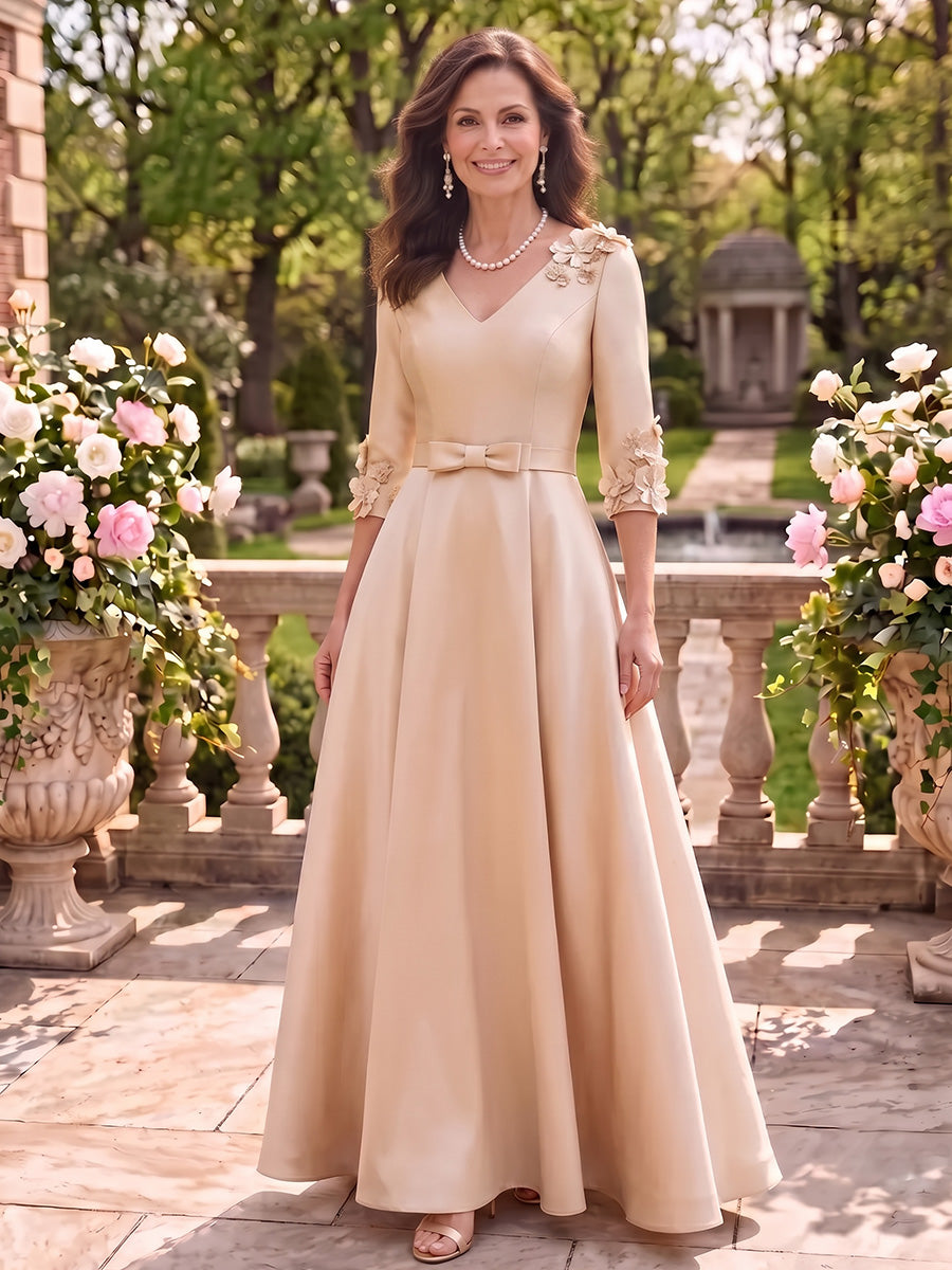 3/4 Sleeves Satin Mother of the Bride/Groom Dresses A Line V Neck Floor Length