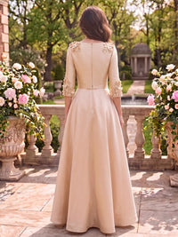 3/4 Sleeves Satin Mother of the Bride/Groom Dresses A Line V Neck Floor Length