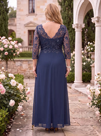 Lace Plus Size A Line Mother of the Bride/Groom Dresses 3/4 Sleeves V Neck
