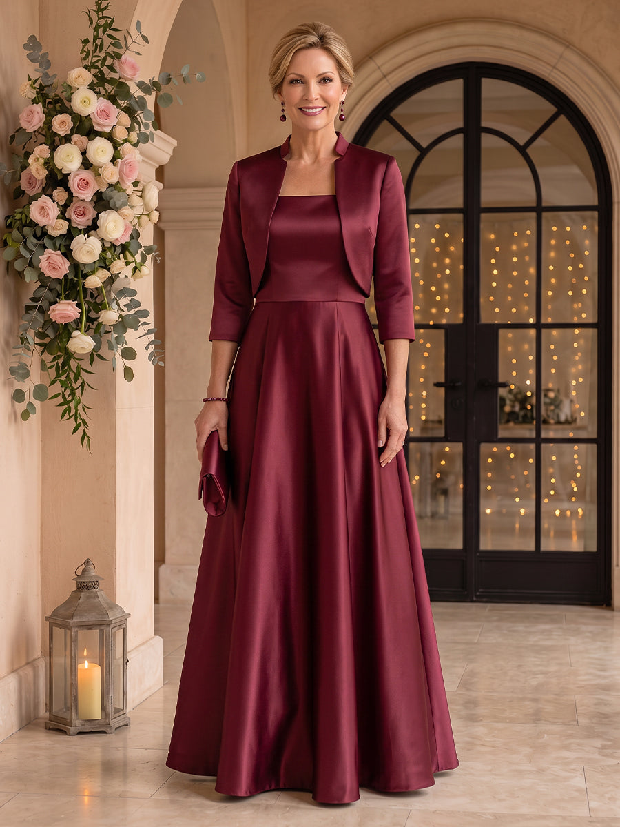 2 Pieces Satin Mother of the Bride/Groom Dresses A Line Square Neck 3/4 Sleeves Floor Length with Jacket