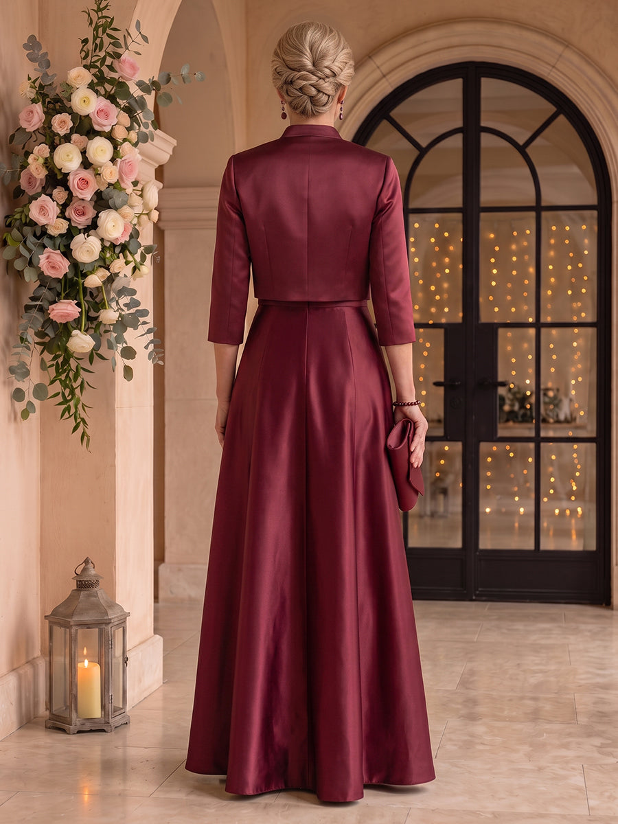 2 Pieces Satin Mother of the Bride/Groom Dresses A Line Square Neck 3/4 Sleeves Floor Length with Jacket