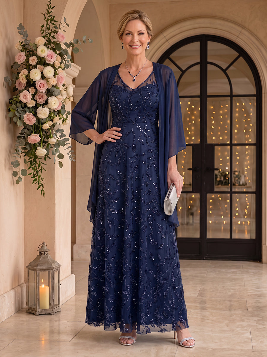 2 Pieces Sequin Mother of the Bride/Groom Dresses A Line V Neck Long Sleeves Floor Length with Jacket