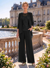 2 Pieces Chiffon Mother of the Bride/Groom Dresses Column Round Neck 3/4 Sleeves Floor Length with Jacket