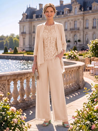 2 Pieces Chiffon Mother of the Bride/Groom Dresses Column Round Neck 3/4 Sleeves Floor Length with Jacket