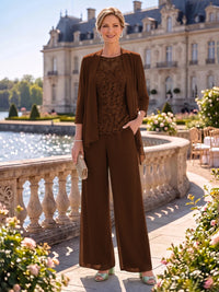 2 Pieces Chiffon Mother of the Bride/Groom Dresses Column Round Neck 3/4 Sleeves Floor Length with Jacket