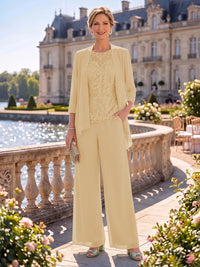 2 Pieces Chiffon Mother of the Bride/Groom Dresses Column Round Neck 3/4 Sleeves Floor Length with Jacket
