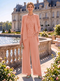 2 Pieces Chiffon Mother of the Bride/Groom Dresses Column Round Neck 3/4 Sleeves Floor Length with Jacket