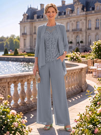 2 Pieces Chiffon Mother of the Bride/Groom Dresses Column Round Neck 3/4 Sleeves Floor Length with Jacket