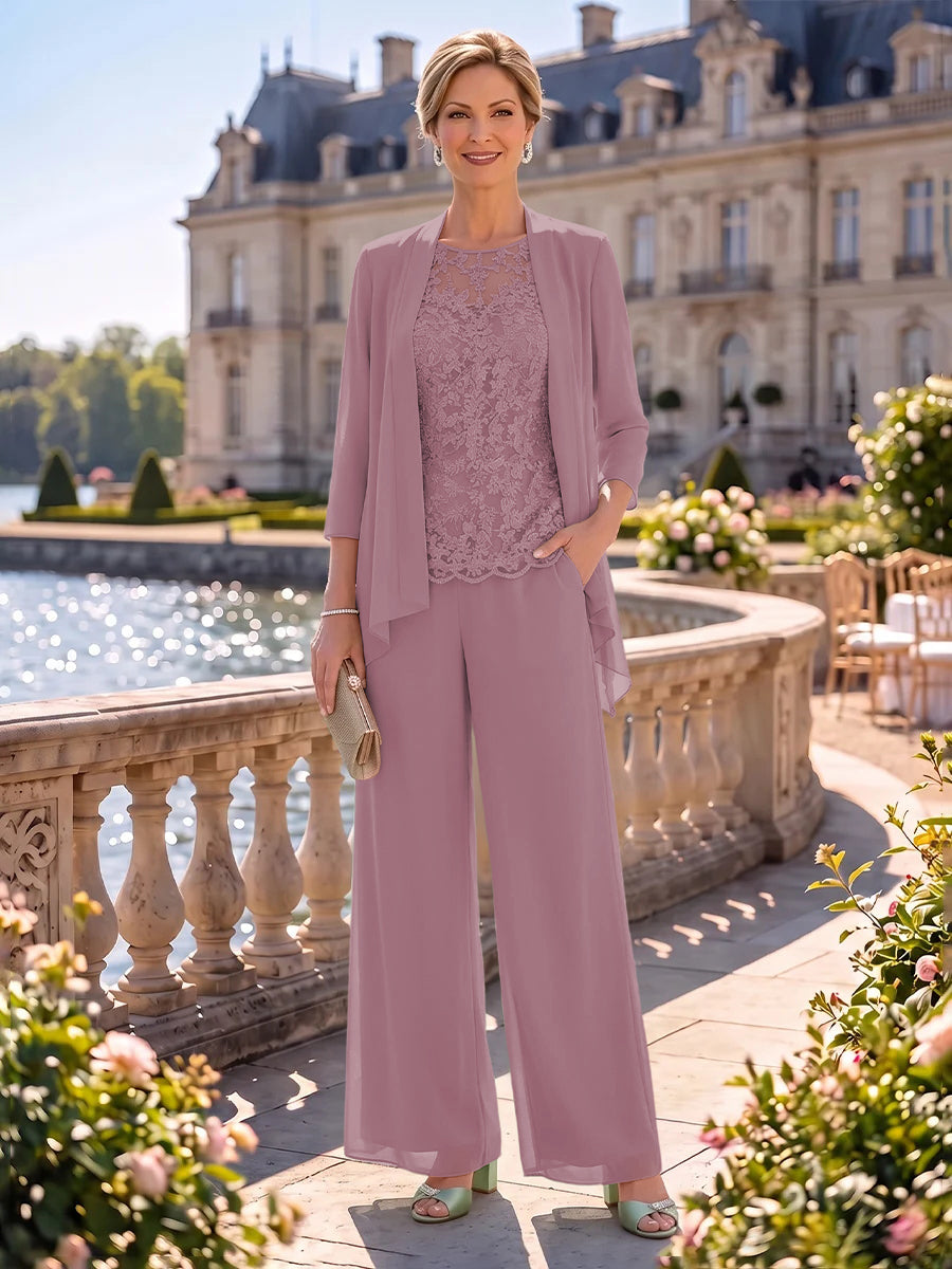 2 Pieces Chiffon Mother of the Bride/Groom Dresses Column Round Neck 3/4 Sleeves Floor Length with Jacket