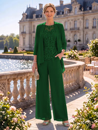 2 Pieces Chiffon Mother of the Bride/Groom Dresses Column Round Neck 3/4 Sleeves Floor Length with Jacket