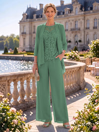 2 Pieces Chiffon Mother of the Bride/Groom Dresses Column Round Neck 3/4 Sleeves Floor Length with Jacket