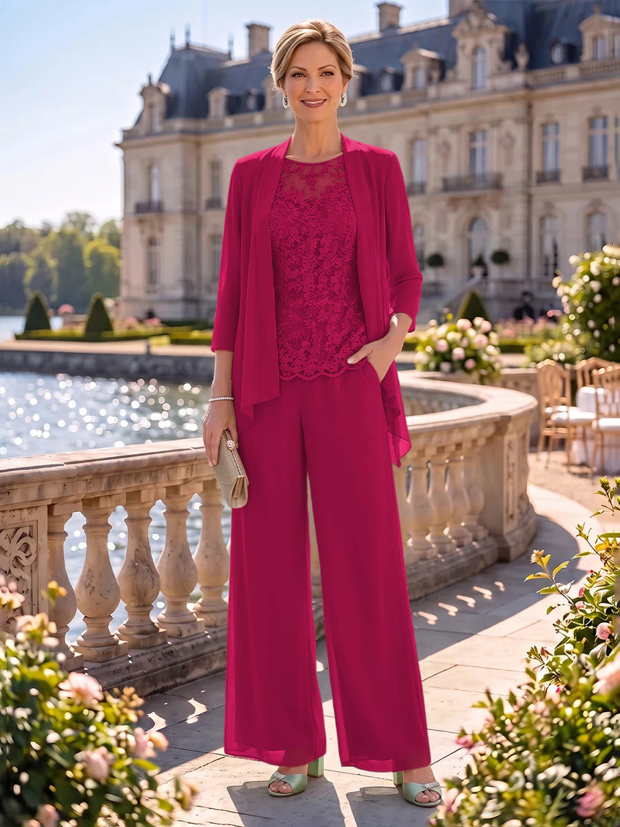 2 Pieces Chiffon Mother of the Bride/Groom Dresses Column Round Neck 3/4 Sleeves Floor Length with Jacket