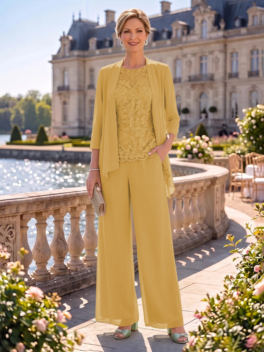 2 Pieces Chiffon Mother of the Bride/Groom Dresses Column Round Neck 3/4 Sleeves Floor Length with Jacket