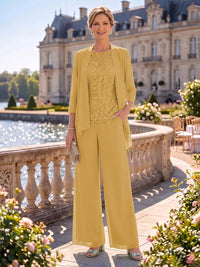 2 Pieces Chiffon Mother of the Bride/Groom Dresses Column Round Neck 3/4 Sleeves Floor Length with Jacket