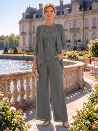 2 Pieces Chiffon Mother of the Bride/Groom Dresses Column Round Neck 3/4 Sleeves Floor Length with Jacket