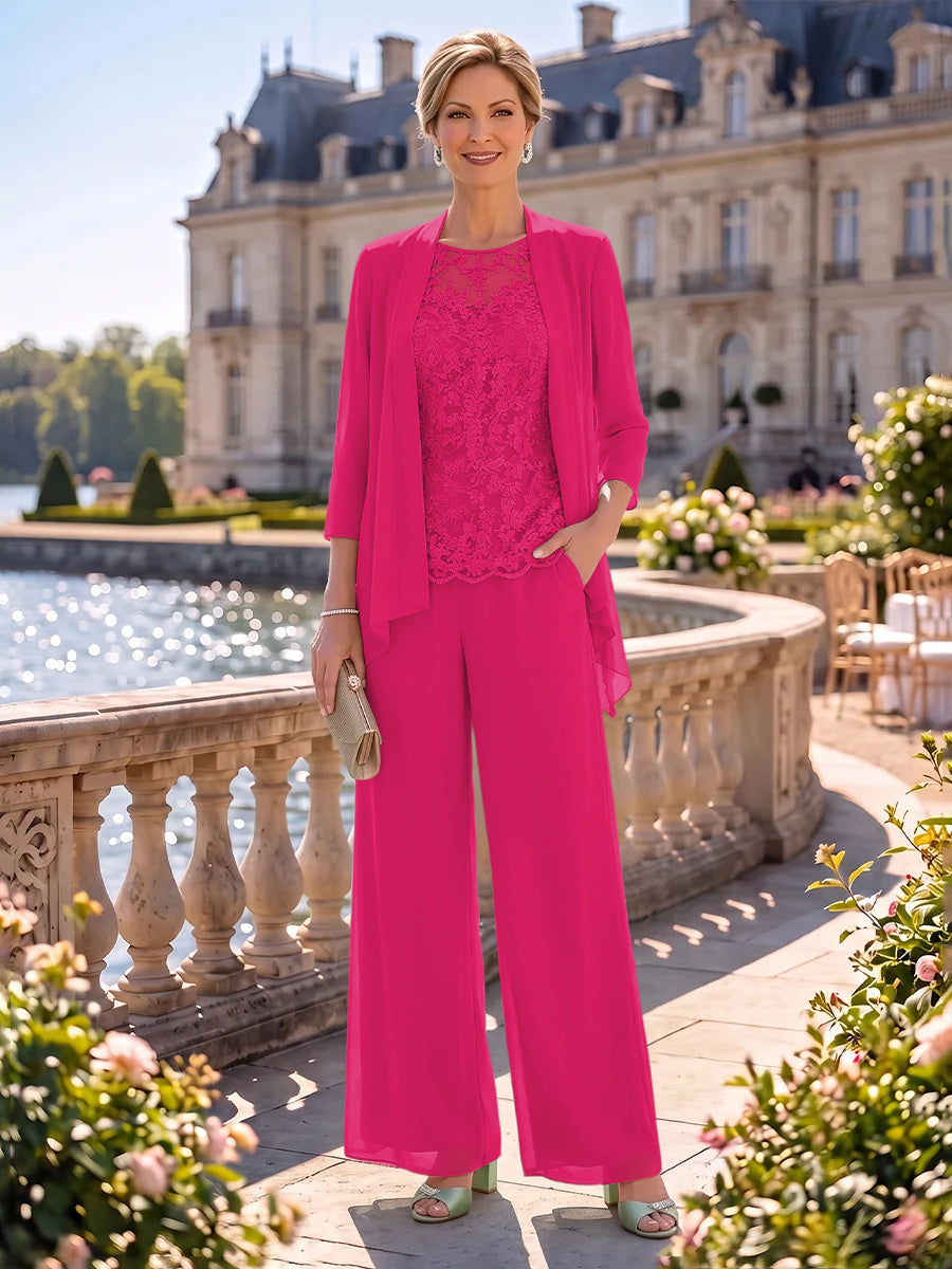 2 Pieces Chiffon Mother of the Bride/Groom Dresses Column Round Neck 3/4 Sleeves Floor Length with Jacket