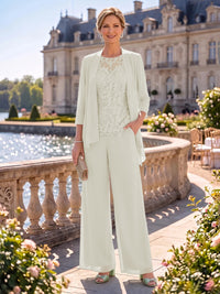 2 Pieces Chiffon Mother of the Bride/Groom Dresses Column Round Neck 3/4 Sleeves Floor Length with Jacket