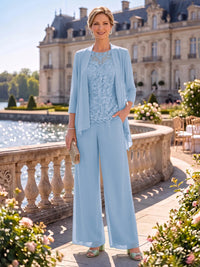 2 Pieces Chiffon Mother of the Bride/Groom Dresses Column Round Neck 3/4 Sleeves Floor Length with Jacket