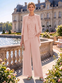 2 Pieces Chiffon Mother of the Bride/Groom Dresses Column Round Neck 3/4 Sleeves Floor Length with Jacket