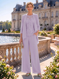 2 Pieces Chiffon Mother of the Bride/Groom Dresses Column Round Neck 3/4 Sleeves Floor Length with Jacket