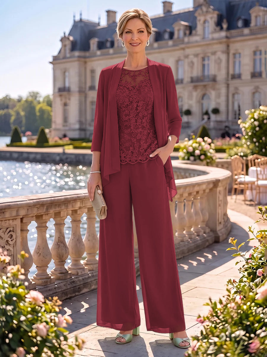 2 Pieces Chiffon Mother of the Bride/Groom Dresses Column Round Neck 3/4 Sleeves Floor Length with Jacket