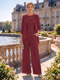 2 Pieces Chiffon Mother of the Bride/Groom Dresses Column Round Neck 3/4 Sleeves Floor Length with Jacket