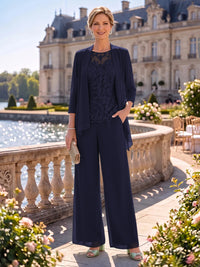 2 Pieces Chiffon Mother of the Bride/Groom Dresses Column Round Neck 3/4 Sleeves Floor Length with Jacket