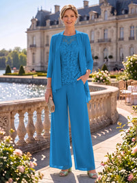 2 Pieces Chiffon Mother of the Bride/Groom Dresses Column Round Neck 3/4 Sleeves Floor Length with Jacket