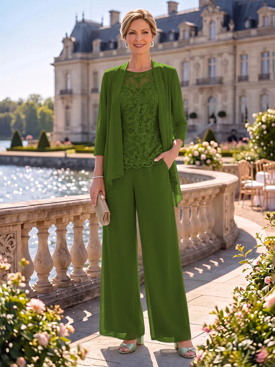 2 Pieces Chiffon Mother of the Bride/Groom Dresses Column Round Neck 3/4 Sleeves Floor Length with Jacket